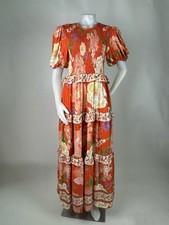Farm Rio Size Medium Orange Floral Tiered Maxi Dress Smocked Bodice Puff Sleeve