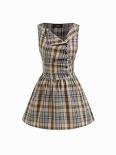Cider - PLAID ASYMMETRICAL NECK RUCHED TIE BACK MINI DRESS Size M - NEW