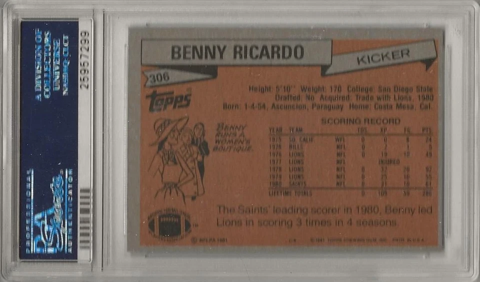 1981 Topps FOOTBALL ~ Benny Ricardo #306 ~ PSA 9 New Orleans Saints - Image 2 of 2
