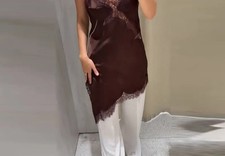 Sexy Crochet Hollow-out Mini Dresses Women's White Irregular Hem Stand Collar Fu