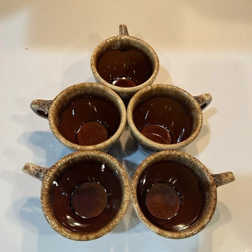 Vintage Hull Pottery Coffee Mugs Cups Oven Proof USA Brown Drip Glaze Set Of 5