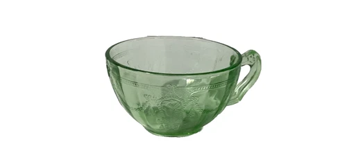 GREEN DEPRESSION URANIUM GLASS COFFEE TEA CUP CAMEO BALLERINA, VINTAGE