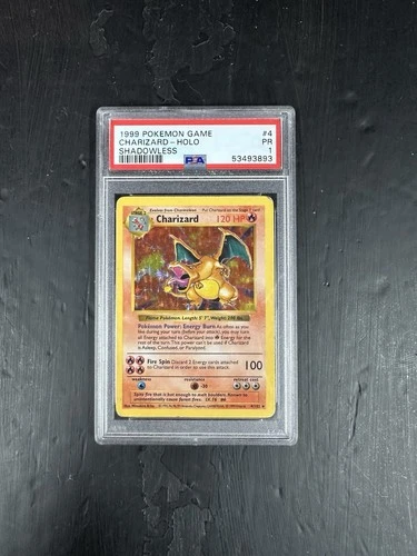 1999 POKEMON GAME SHADOWLESS #4 CHARIZARD-HOLO PSA 1