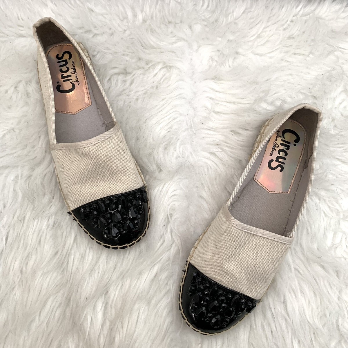 Sam Edelman Loretta Beige Black Embellished Espadrille Flats, size