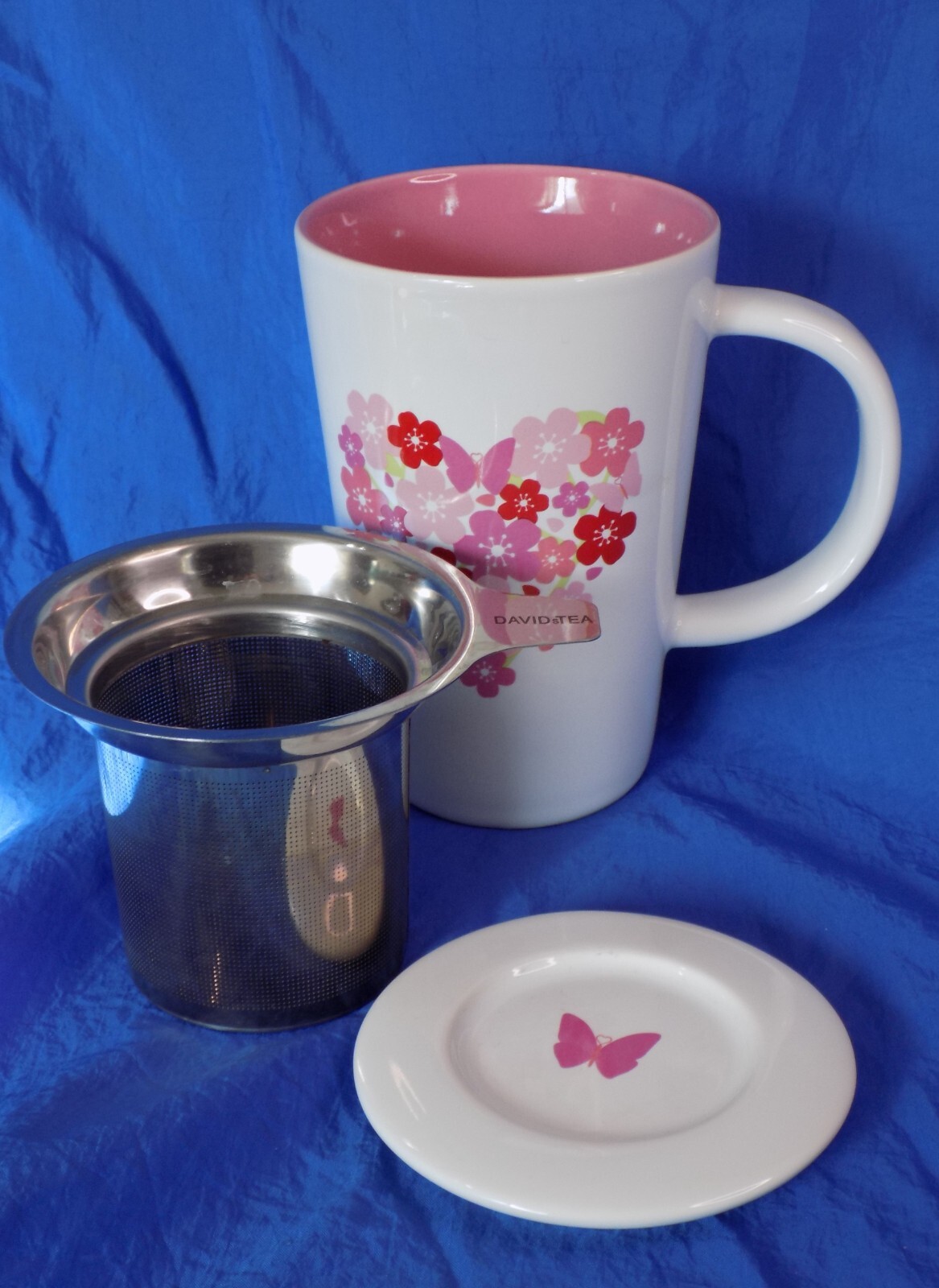DAVIDs Tea Ceramic 14oz Tea Mug White & Pink w/ Lid & Stainless Infuser Floral