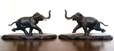 Antique Meiji Japan Elephant Bronze Charging Rocking Cast Metal Sculpture Pair