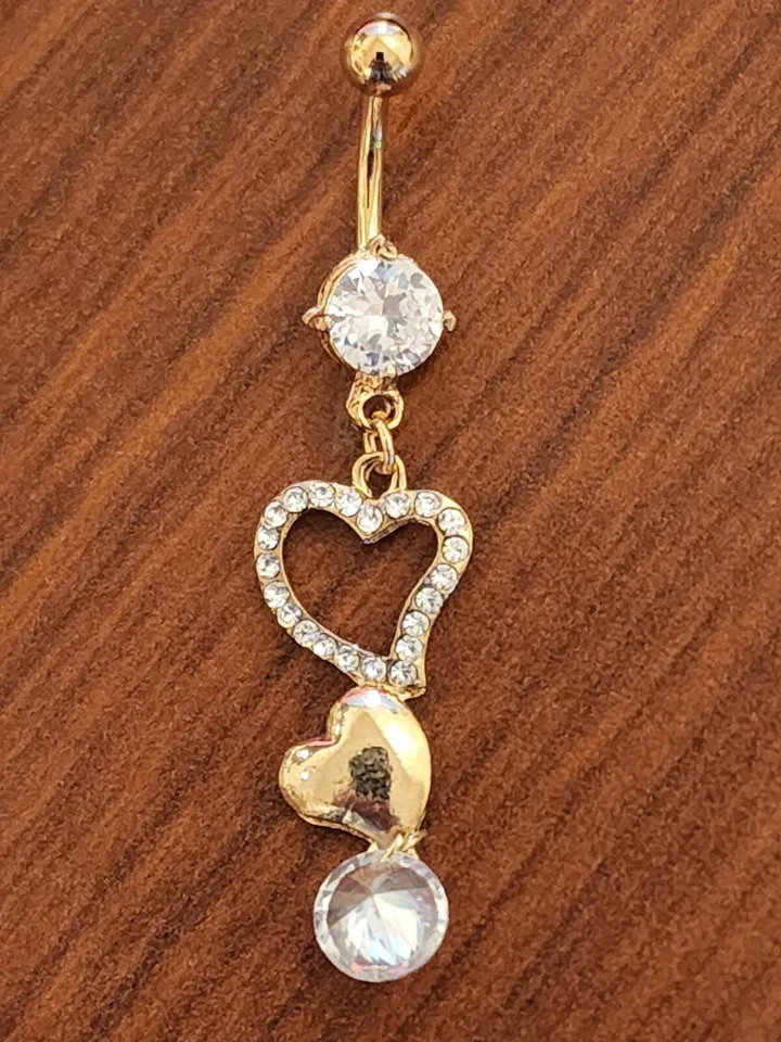 镀金宝石双心单立方锆石悬垂肚脐/腹部戒指。  — 第 3/4 张图片