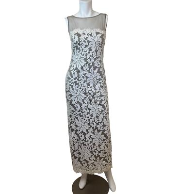 TADASHI SHOJI EMBROIDERED Nude Sleeveless Illusion Neckline Lace Sequin Gown 2