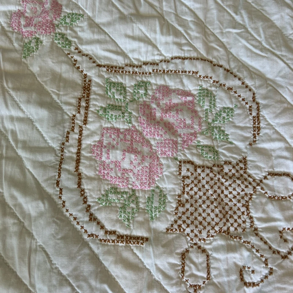 Manta Floral Doble Queen Floral Punto de Cruz Edredón Vintage 86 x 83 Leer Foto 2 de 4