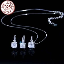 CZ Asscher Cut Pendant Necklace Earrings 925 Sterling Silver Women Jewelry Set