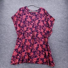 Lands End Cover Up Women Medium Large Purple Floral V Neck Short Sleeve Swimwear