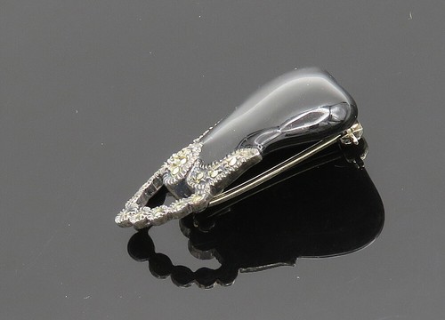 JUDITH JACK 925 Silver Vintage Black Onyx & Marcasite Purse Brooch Pin BP7894 - Picture 3 of 5