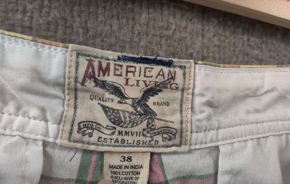 American Living Mens 38x11 Plaid Cargo Preppy Shorts Green Pink Beach Golf Vacay - Image 4 of 4