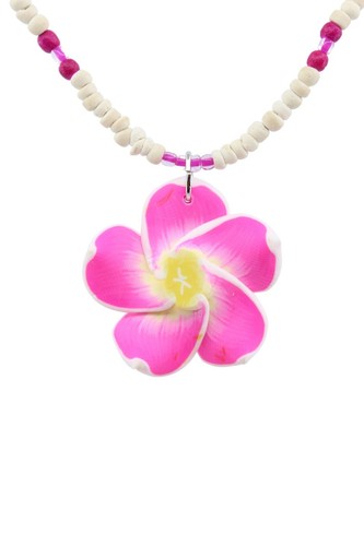 Coconut Shell Necklace Fimo Plumeria Flower - 16", Hawaiian Jewelry, Pink Yellow - Picture 2 of 4