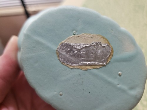 Vintage Haeger Keramik Füllhorn Pflanzgefäß hellblau überbackene Folie Aufkleber 4x2" - Bild 3 von 7