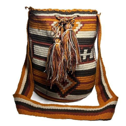 Wayuu Tribal Bucket Boho Bag Crossbody Orange Brown White Patterns Handwoven