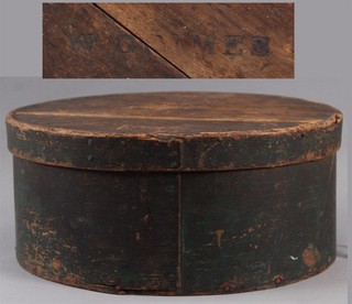 Large Signed14.5in Antique Green Painted Wood Pantry Box Copper Tacks NO RESERVE