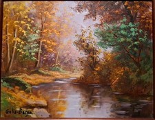 Gelis Berga Original Oil Painting On Board Signed Framed Artwork Stream TreesVGC