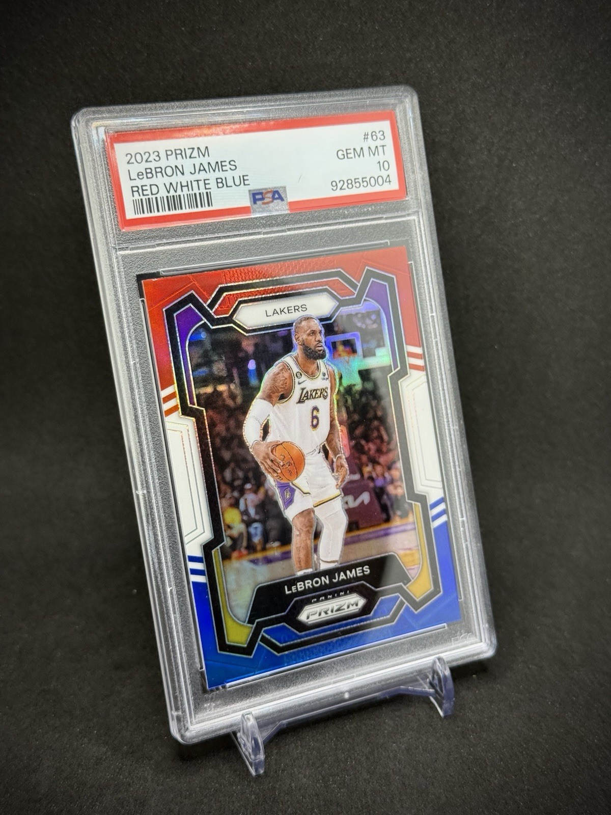 Lebron James 2023 Panini Prizm Red White Blue Prizm SP PSA 10 Lakers view 2
