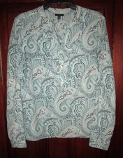 Talbots 10 Blouse Shirt Top Paisley Print Teal Green Ruffle Popover Long Sleeve