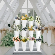Mobile Flower Display Stand with 12 Buckets Triangular Rack Metal Flower stand