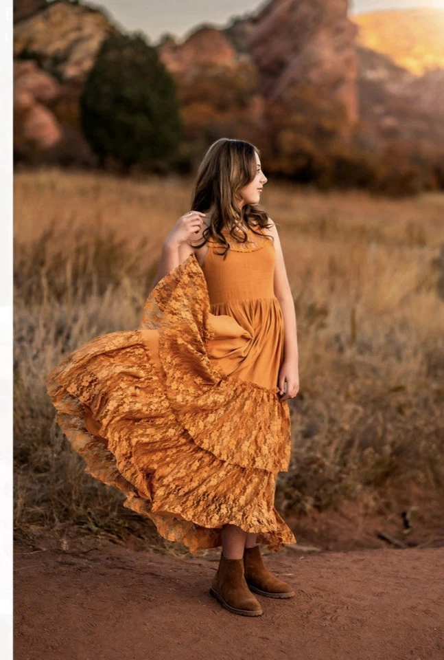 Boho Princess Girls Lace Ruffle Maxi Dress Long Rust Orange Brown Sz 14 - Image 3 of 4