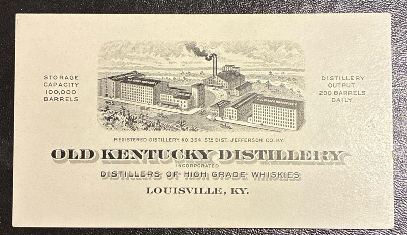 LOUISVILLE ~ OLD KENTUCKY DISTILLERY, Whiskies ~Illus. Business Card 1880s-1890s