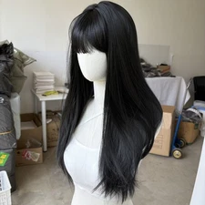 Long Straight Off black Cosplay Party Wigs With Bangs Synthetic Hair
