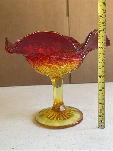 Vintage Viking Amberina MCM Art Glass Pedestal Ruffled Candy Dish - Picture 9 of 9