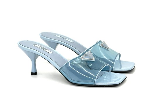 PRADA Signature Triangle Logo PVC Patent Mule Sandal Heels Slides Shoes $1070 - Picture 7 of 14