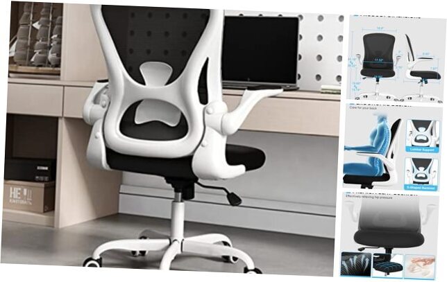 Ergonomic Desk Chair with Padded Flip up Arms and Supportive Lumbar White