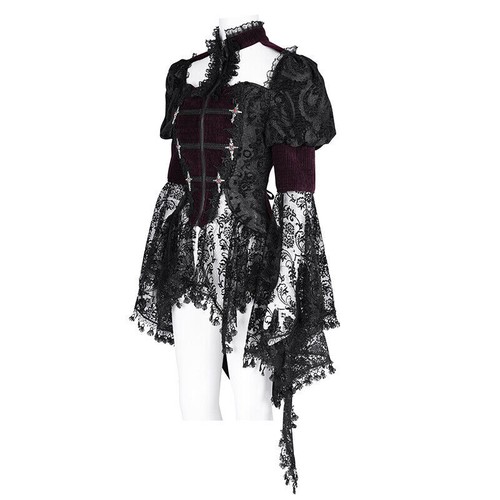 Eva Lady Women Red Vintage Gothic Lace Splice Velvet Puff Sleeve Jacket - Picture 9 of 23