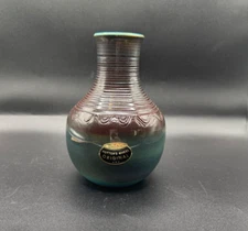 Vintage Dryden Potters Wheel Vase – Signed, Green, Brown & Teal, 6" Tall