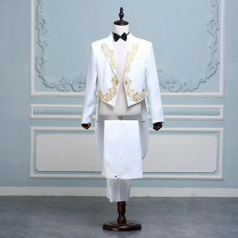 Hommes Brodé Revers en Pointe Smoking Queue de Pie Veste Costume Pantalon Bal - Photo 3/4