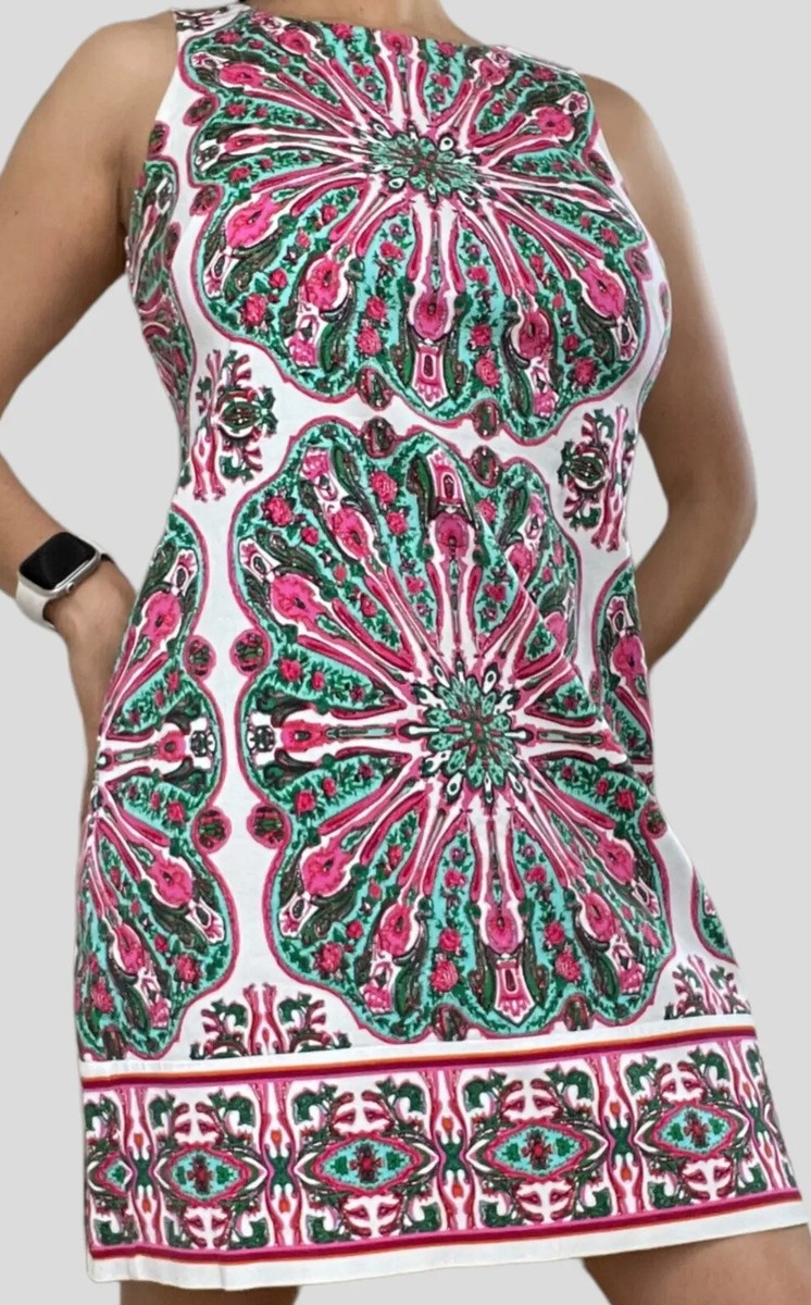 magenta and green dress London Times Sheath Mini Size 6 Cotton White Sleeveless Stretch BWD