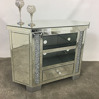 Sparkly Tall Venetian Mirrored Glass Diamond Crystal Corner Tv Cabinet Stand Sparkly Tall Venetian Mirrored Glass, Mirrored Corner Tv Stands