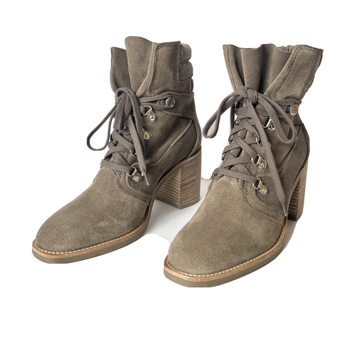 Aquatalia Elise Taupe Suede/Canvas Lace Up Chunky Heel Booties