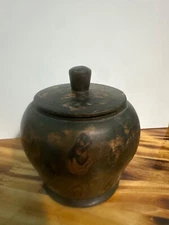 antique Chinese Asian hand carved  wooden dish with lid 