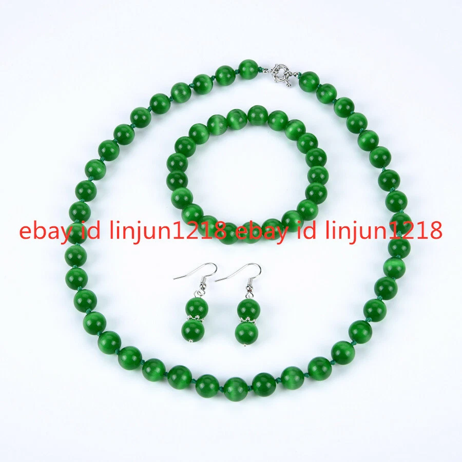 Juego de pendientes collar ojo de gato ópalo mexicano redondo multicolor 8/10 mm Foto 4 de 4