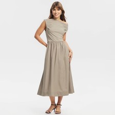 Women Fabric Mixed Midi A-Line Dress - A New Day Taupe Beige