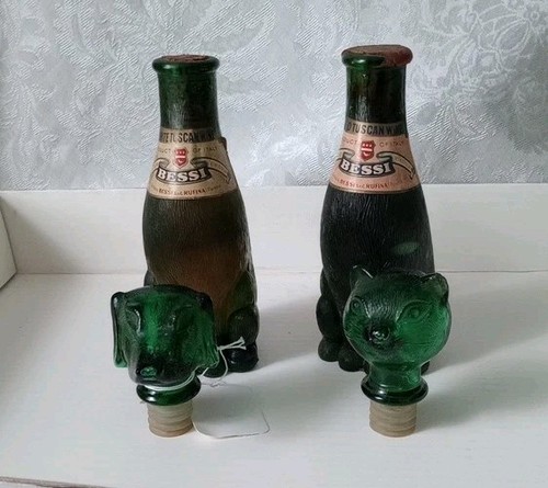 Vtg Italian Vino Rosso Art Glass Green Dog & Cat Wine Bottle Decanters - Picture 5 of 12