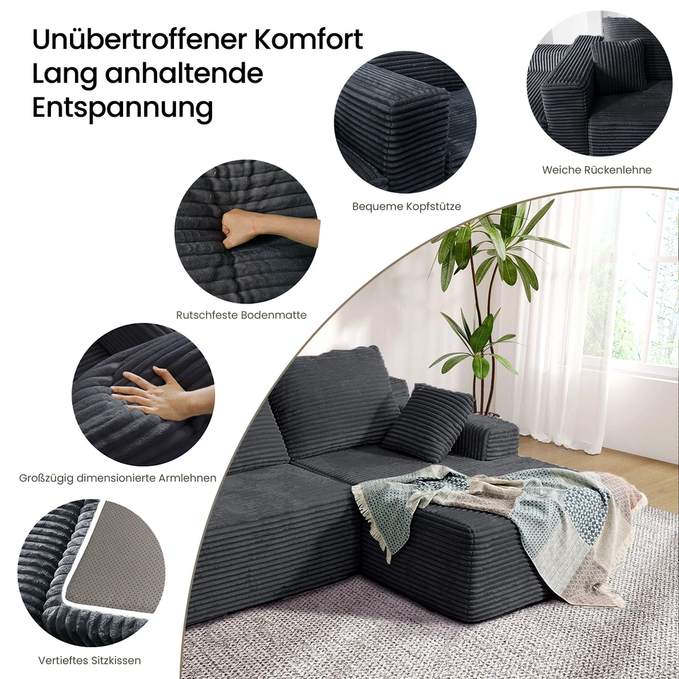 Ecksofa mit Schlaffunktion L-Form Couch Modulare Sofa mit Liegefläche Cordstoff - Bild 4 von 4