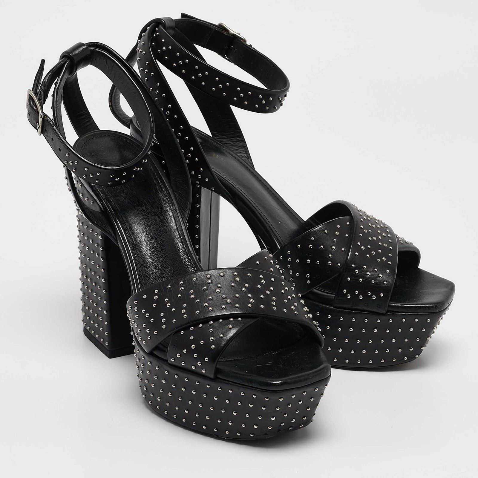 Sandali Saint Laurent neri in pelle con borchie Farrah incrociate plateau taglia 36