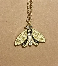 Cute Yellow Enamel Metal Moth Necklace, Gorgeous Crescent Moon Celestial Moth