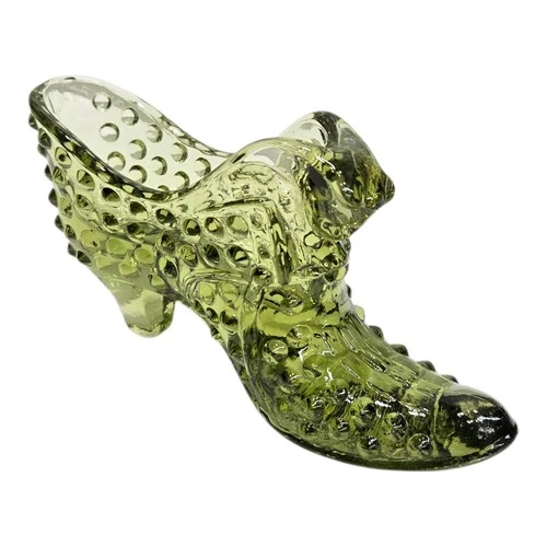 Vintage Fenton Glass Colonial Green Hobnail Cat Head Slipper/Shoe 5.75"