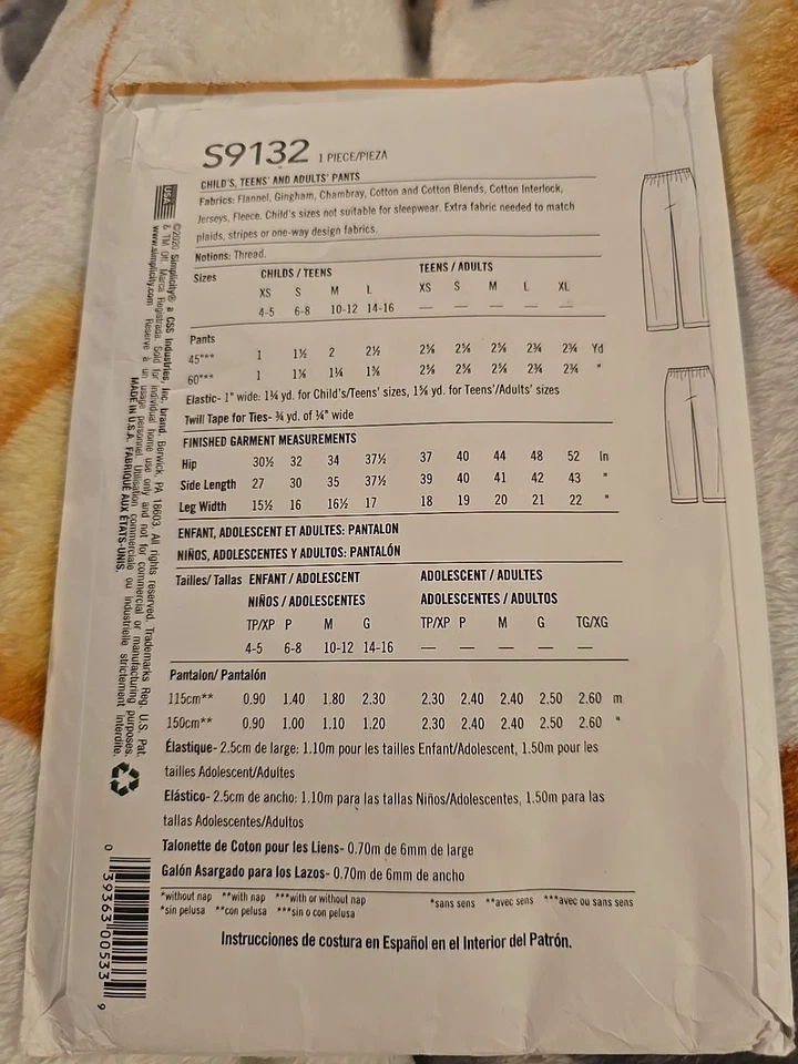 Pantalones Simplicity S9132 Patrón Niños Adolescentes Adultos Niños/Adolescentes XS-L Adultos XS-XL Foto 2 de 2
