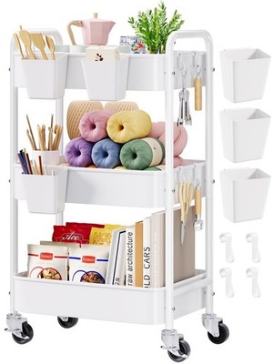 3 Tier Rolling Cart Metal Wheels Light White Storage Organizer H-U W Three Craft