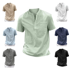 Herren Henley Hemd Kurzarm Leinen Baumwolle S...