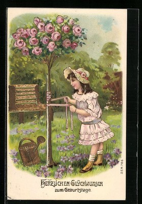 Präge-AK Gärnerin am Rosenbaum, Geburtstagsgruß 1911 