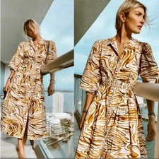 Anthropologie Love The Label Honey Puff-Sleeved Fit and Flare Belted Midi Dress